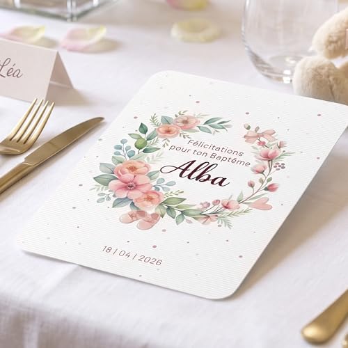 Hidoo Creations Carte félicitations baptême personnalisée, carte de voeux détails mignons, couronne fleurs, prénom, date, texte personnalisable, parme, violet, fille – vue 6