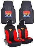 BDK Warner Bros DC Comics Wonder Woman Car Accessories - Universal Fit Front Pair Seat Covers with Matching Seat Belt Pads & Heavy Duty All Weather Rubber Liners Floor Mats No-Slip Grip 27 x 18 in