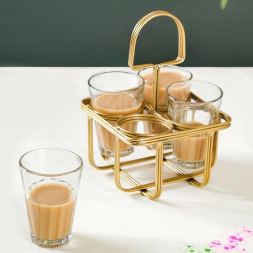 Image of Nestasia Cutting Chai Glasses Set of 4 with Golden Metal Stand | Dhaba Style Tea Glass Holder Carrier | Rust-Resistant Wrought Iron Stand | Ideal for Chai, Coffee, and Beverage (150 ml)