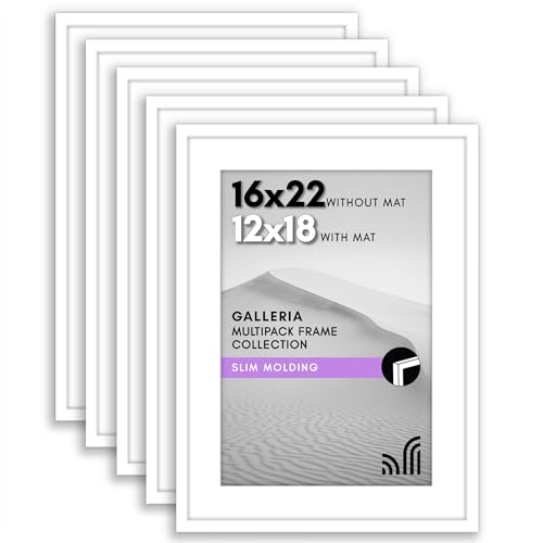 Americanflat 16x22 Picture Frame with Polished Plexiglass - Set of 5 - Use as 12x18 Frame with Mat or Display 16x22 Photo Without Mat - Galleria Collection - Picture Frames for Wall Display - White