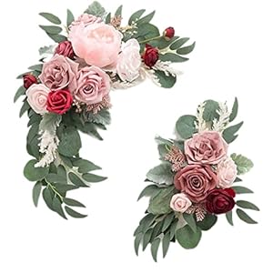 Lot de 2 fleurs artificielles d’automne pour mariage – Avec 2 fleurs de roses artificielles – Swag décoratif avec feuilles d’eucalyptus – Avec rubans pour les