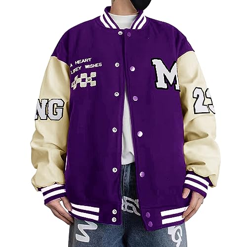 Image of Mens Varsity Jacket Baseball Bomber Jacket Vintage Unisex Streetwear Coats with Patchwork Hipster Utility Tops