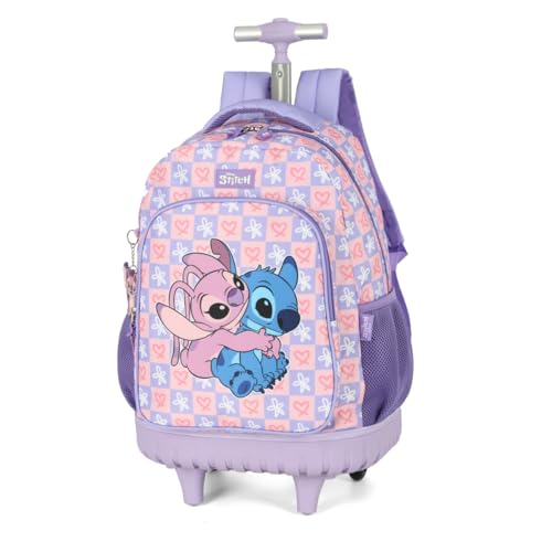 Mochila com Rodinhas e Alças Stitch e Angel Lilás 2025 Luxcel
