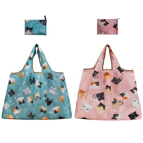 Raheem 2 Pack Large Foldable Reusable Eco-Friendly Tote Shopping Bags 22.8×26.8 in with Cat Print, Lightweight & Spacious Grocery Tote Includes Storage Pouch, Ideal for Shopping, Travel & Daily Use