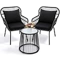 wildformers 3 Piece Rattan Wicker Bistro Set, Outdoor Conversation Furniture Set with Glass Top Table, Space Saving for Balcony, Backyard, Black
