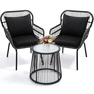 wildformers 3 Piece Rattan Wicker Bistro Set, Outdoor Conversation Furniture Set with Glass Top Table, Space Saving for Balcony, Backyard, Black