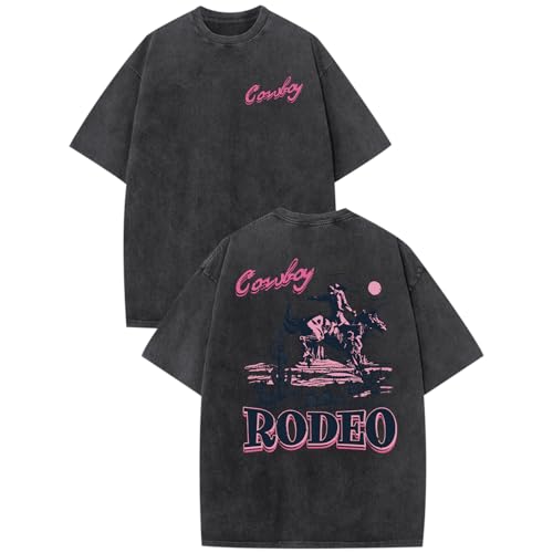 Bobeutou Western Shirts for Men Vintage Rodeo Cowboy Shirt Oversized Graphic Tees Country Concert Acid Wash T-Shirts Tops (Black,L)