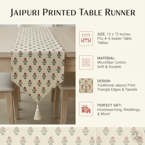 Image of COZY FURNISH Floral Printed Microfiber Cotton Table Runner for 6 Seater Dining Table & Runner with Tassels - 13x72 Inches Decorative Home Kitchen Table Linen
