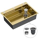 Gasfrit Lavello da cucina in acciaio inox 304 oro spazzolato, 1 seno, sopra il piano di lavoro, con foro rubinetto 35 mm e dispenser (68 x 48 cm)