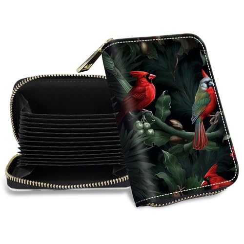 Credit Card Holder with Zipper, Slim RFID Blocking Card Wallet for Women Men Red Cardinal Birds Design PU Leather Small Accordion Card Case Wallet, ID Card Organizer, Pocket Business Card Case