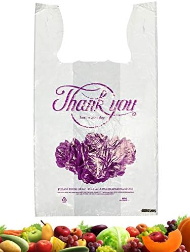 AME D'ESSENCE (400pcs) 1/6 Reusable Plastic Bags Thank You T-Shirt Grocery Bags Purple Flower 18 Micron Large Size (12" X 6.5" X 22")