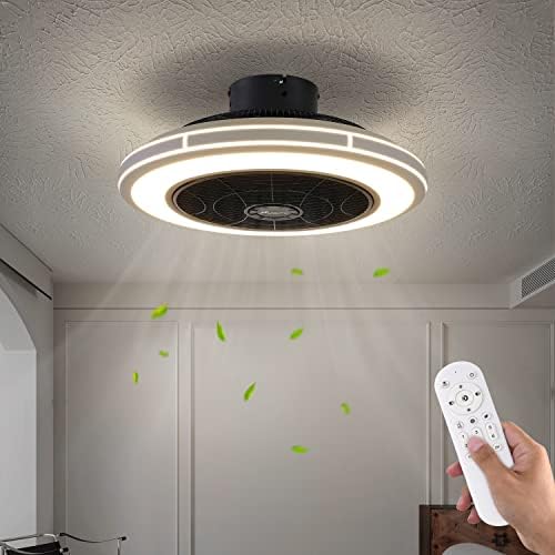 HuixuTe Ceiling Fan with Lights Remote Control, 3 Colors 6 Speeds 21" Bladeless Ceiling Fan, White Low Profile Fush Mount Ceiling Fan with Light for Kitchen Bedroom