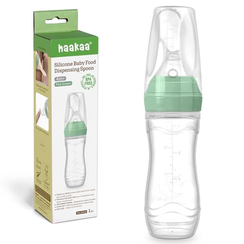 Haakaa Silicone Baby Food Dispensing Spoon Feeder 4oz - Infant Squeeze Cereal Feeder, Baby Fresh Food Feeder, Feed Bottle for Puree, Solid Baby Food, BPA Free, 4m+ Babies – Pea Green