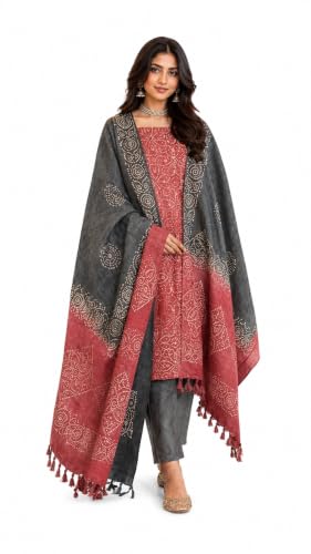 Image of HAIDER ALI AND SONS Handloom Cotton Silk Batik Print Unstitched Dress Material for Women with Dupatta | Bhagalpuri Suit Set | Salwar Suit Material | Festival, Party & Casual Wear