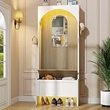 Nosepen 71.65' Hall Tree with Bench and Shoe Storage, 7-in-1 Entryway Storage Bench with 4 Coat Rack & 6 Shoe Cubbies & Mirror & Sensor Light, Shoe Rack Organizer for Entryway, White and Brown