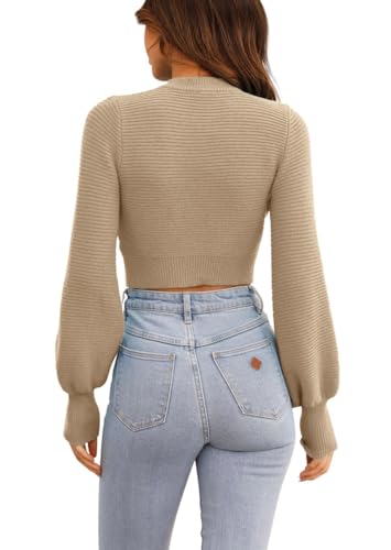 Image of Womens Sexy Crew Neck Cropped Sweaters Knit Long Sleeve Crop Tops Pullover | Ribbed Knit, Long Sleeve, Crop Tops, Pullover,Crew Neck