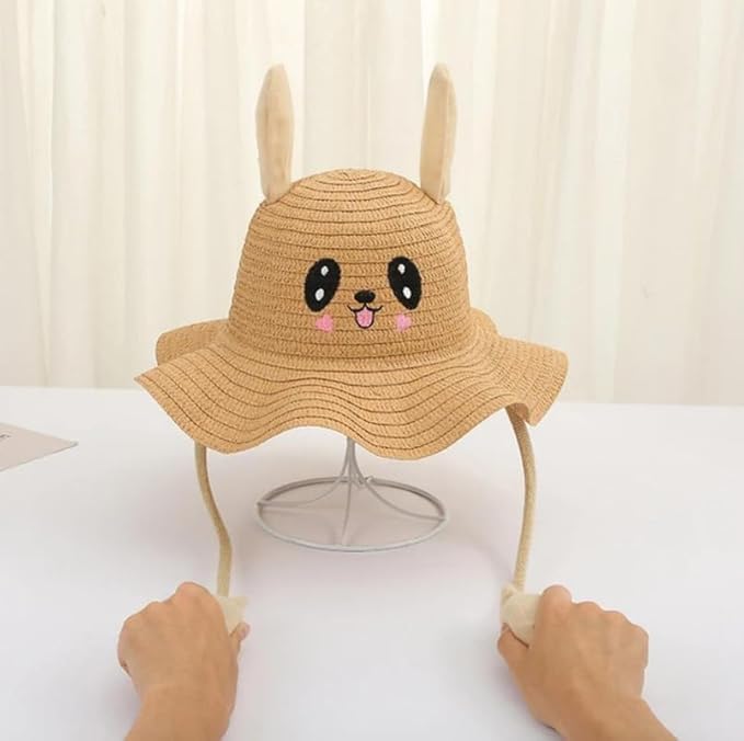 Image of FabSeasons Kids Cute Straw Sun Hat with Moving Ears (Ages 4-8 Years) | UV Protection, Wide Brim, Foldable, Beach Bucket Cap | Girls & Boys Breathable Summer Sun Hat with Inner Adjustable String