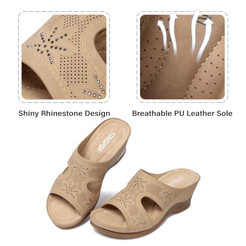 Image of TEMOFON Women Wedge Sandals Dressy: Comfortable Lightweight Summer Shoes | Low Wedge Heel - Fit Wide Feet - Comfy Stylish Slip on Sandals Size 5-11
