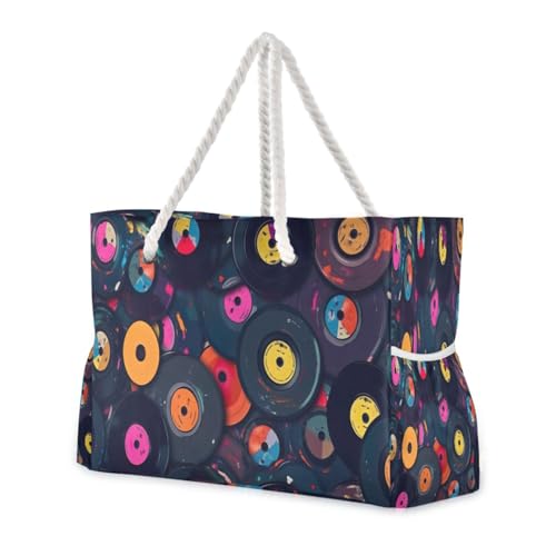 Vinyl Record Beach Bag with Top Zipper Closure, Waterproof Pool Bag, Large Beach Tote for Women#112