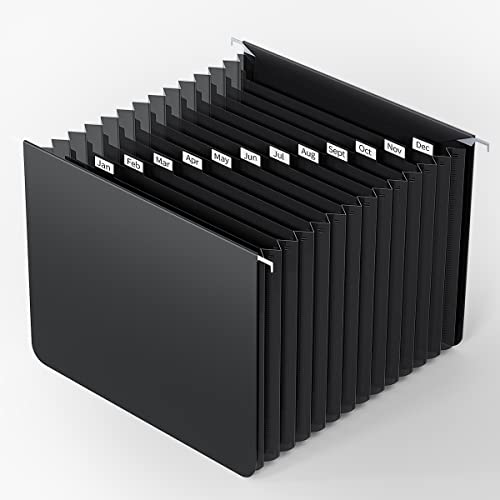 Plastic Expanding Hanging File Folders Letter Size,13 Expandable Pockets,Colored Monthly Tabs,Innovative Accordion Hanging Folder For Filing Cabinet,Fun Storage Office Supplies,Black #TOP6