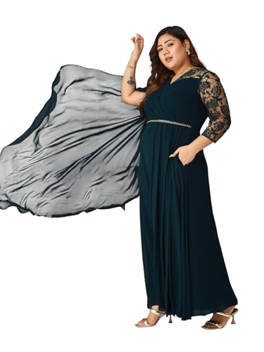 Image of Miss Chase A+ Women's Floral Printed Relaxed Fit V -Neck 3 /4Th Sleeve Georgette Maxi Dress