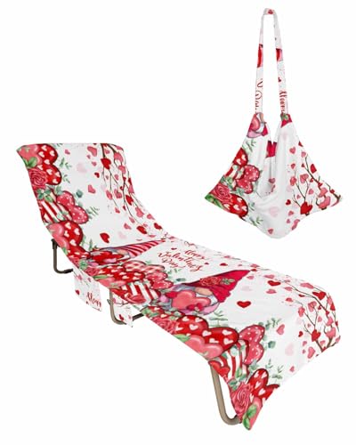Valentine's Gnomes Rose Beach Chair Towel Covers for Chaise Lounge with Side Pocket, Soft Plush Pool Towels Cover for Patio Sunbathing Outdoor 29''x85'' Red Eucalyptus Leaves Flower
