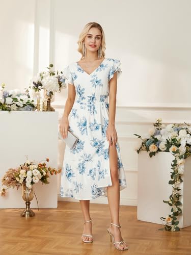 Image of GRACE KARIN 2026 Womens Summer Dresses V Neck Ruffle Sleeve Floral Boho Beach Dress A-Line Swing Midi Wedding Guest Sundress