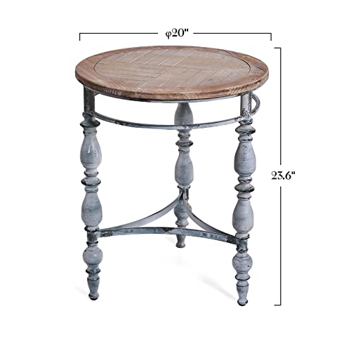 Timbermaven Rustic Farmhouse Round End Table, French Country Vintage Side Table,Φ20.1'' X 23.6''H Rustic Solid Wood With Vintage Iron Legs, For Living Room, Bedroom, Small Spaces,Chipped White #TOP1