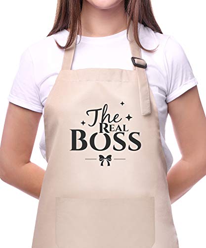 Couple Aprons For Cooking-The Boss The Real Boss Apron Set Funny Adjustable Baking Aprons His And Her Engagement Anniversary Wedding Valentines Day Bridal Shower Gift #TOP2