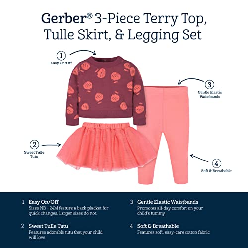 Gerber Baby Girls Toddler 3-Piece French Terry Top, Tulle Tutu, & Top Skirt Legging Set, Pink Apples, 18 Months Us #TOP4