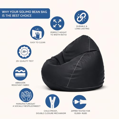 Image of Amazon Brand - Solimo Faux Leather 5XL Bean Bag Cover Without Beans, Classic Bean Bags Cover with Handle & Zipper, Bean Bag Cover for Living Room & Bedroom, 6 Months Warranty (Black with Grey Piping)