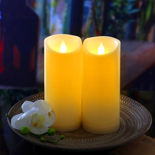 Image of CANDLE CHOICE Waterproof Outdoor Battery Operated Flameless Candles with Timer Flickering Plastic Resin Electric LED Pillar Lights for Lantern Patio Garden Wedding Party Decorations 3x7 Inches 2 Pack