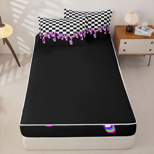 Image of Black Purple Checkered Zipper Bedding Queen Checkerboard Drip Zip Up Bedding Set,Y2K Aesthetic Modern Geometric Bed in a Bag Comforter with Fitted Sheet and 2 Pillowcases Retro 2000S Room Decor