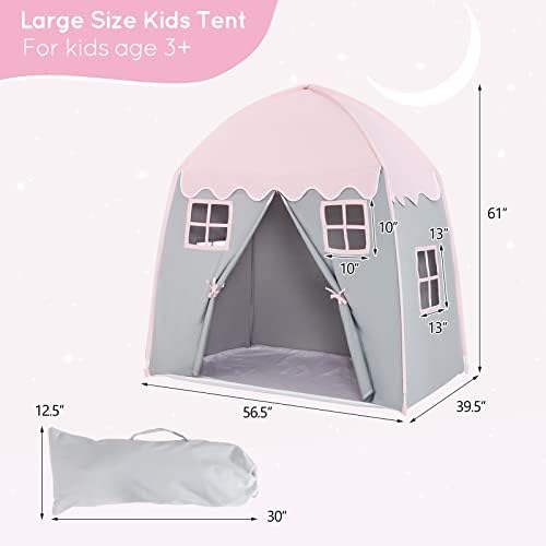 Costzon Kids Play Tent with Non-Slip Mat, Large Spacious Cotton Canvas Playhouse with 4 Windows, Straps, Zipper, Carry Bag, Indoor Outdoor Princess Play Tent for Girls, Toddlers, 56 x 39x 61” (Pink) 4