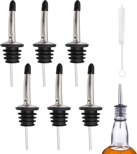 UBRAVE 6 PCS Metal pour Tappo Versatore Bottiglia,Beccucci per Bottiglie di Liquori,Dosatore con Tubo per l'Aria,con Spazzola per Pulizia,per Bottiglie, Cocktail, Vino, Grappe, Feste e Bar (Nero)