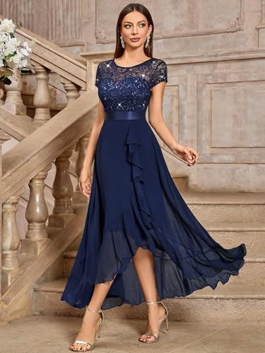 Image of Miusol Women's Scoop Neck Sequined Floral Lace Ruffle Wedding Party Dress | Sequin lace, scoop neck, cap sleeve, ruffle design dress for cocktail party, wedding and formal