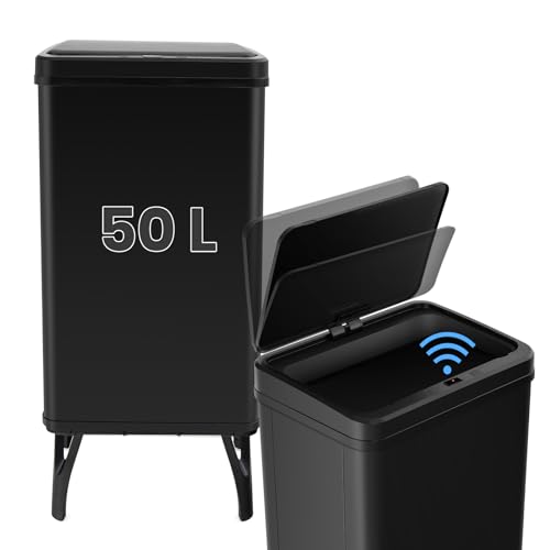 COSTWAY Poubelle Cuisine Automatique 50L en Acier Inox avec Cerclage, Poubelle Sur Pieds Détachables, Capteur Fermeture Automatique Douce, Anti-Empreintes, Interrupteur...