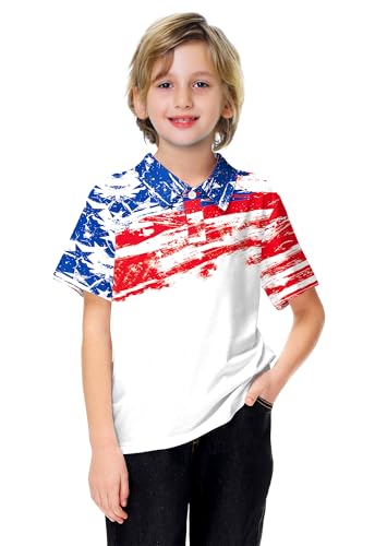 Image of AOBUTE Kids 4th of July Polo American Flag Short Sleeve Button Down Shirts Tops 3-14 Years