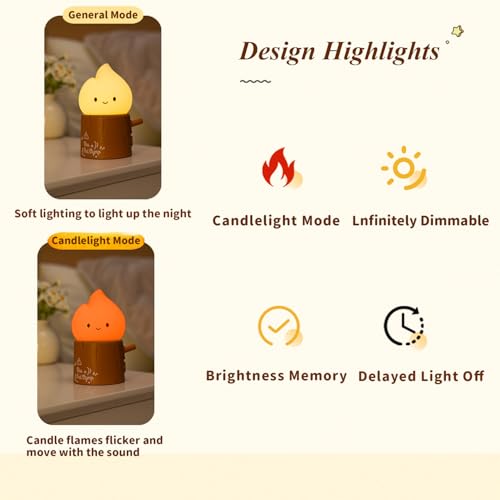 Image of Led Cute Stump Fire Night Light, Dimmable Nursery Kawaii Lamps, Super Squishy Silicone USB Rechargeable Timer Night Lamp for Kids Adults, Used for Camping Party Room Decor (Stump Fire)