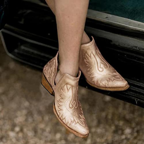 Hbeylia Western Cowgirl Cowboy Boots For Women Ladies Ethnic Boho Vintage Leather Round Toe Chunky Block Mid Heels Slip On Ankle Booties Casual V Cut Dress Short Boots For Christmas Party Decoration2
