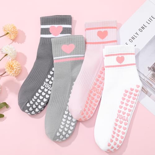 Image of Jspupifip 4 Pairs Pilates Grippy Socks for Women, Long Non Slip Yoga Socks with Grips Crew Socks for Pilates Barre Hospital