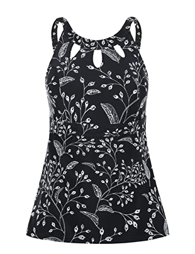 Septangle Women's Tummy Control Bathing Suit Top Tankini Tops For Women Swimwear Top Only Maternity High Neck Swimsuit Top Plus Size Swim Top, Black&White Floral, Us10 #TOP14