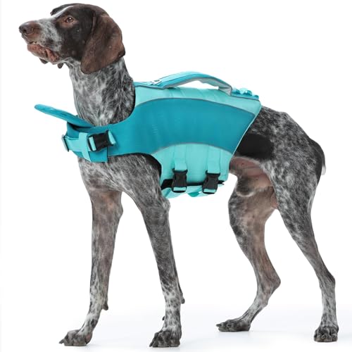 Kuoser Dog Life Jacket, Front Float Dog Life Vest for Swimming Boating, Reflective Pet Swim Suit with Rescue Handle & D-Ring & Chin Float for Small Medium Large Dogs, Green 2XL 2XL(Chest:30.