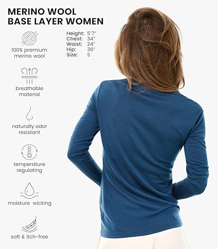 Image of Merino Wool Base Layer Women - 100% Merino Wool Shirt Women Thermal Underwear Long Sleeve T-Shirt for Hiking
