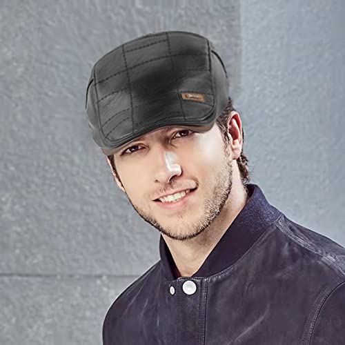 Mens Adjustable Pu Leather Ivy Cap Newsboy Hat Classic Golf Flat Cap Gatsby Driving Fishing Hat For Men Father Dad Black #TOP6