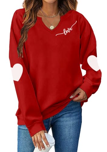 Ymoshoe Women V-Neck Valentine Sweatshirt Love Heart Elbow Patch Shirts Gift for Her(Elbow/Red,XL)