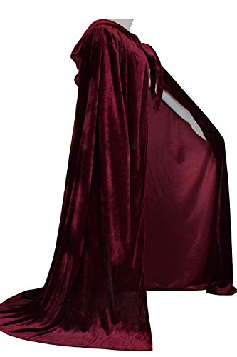 LuckyMjmy Unlined Velvet Medieval Renaissance Hooded Cloak Cape (Small, Wine Red)