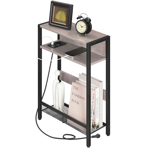 CHOEZON Table d’Appoint compacte, Bout de Canapé avec Station de Charge, Table de Chevet, Table Basse à 3 Niveaux, Table d’Appoint avec Rangement, pour...