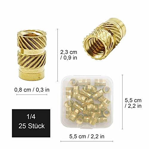 Gewindeeinsatz, 1/4 25 Stück Einpressmutter, Messing Innengewinde Rändelmuttern, für 3D Drucker Teile, DIY