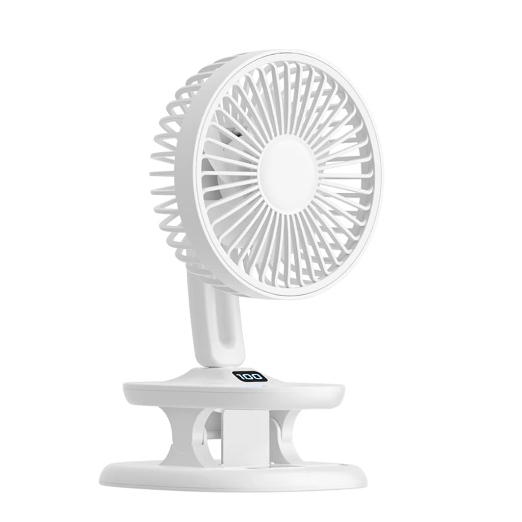 HUAHAT HuaHat5” Portable Table Fans with Clip 120° Oscillating Head up/down Adjustable LED Indicator Timer Setting Auto-shut down 4000mAh Li-on Battery 5 Speeds (Ivory)